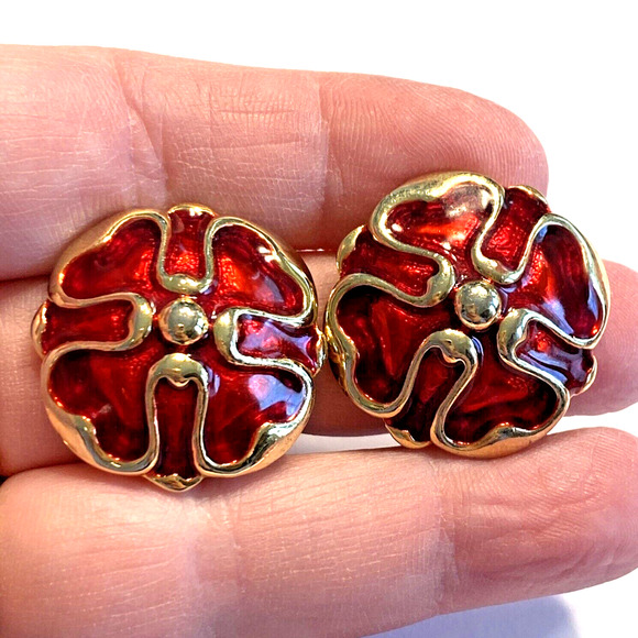 Chunky Pierced Earrings Vintage 1990’s Goldtone & Red Jelly Enamel Domed Rounds - Picture 5 of 6